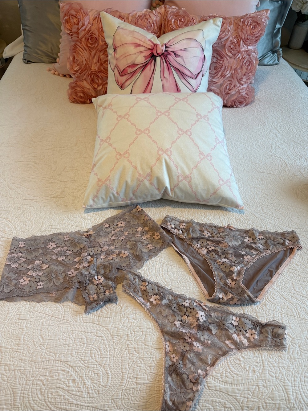 Victoria's Secret Taupe and Pink Floral Lace Panty Trio